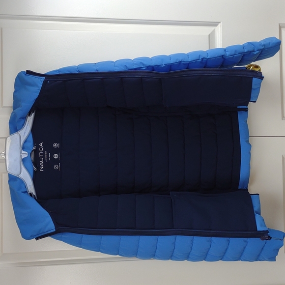 Womens Nautica Blue Stretch Packable Puffer Coat Detachable Hood Water - Picture 14 of 16